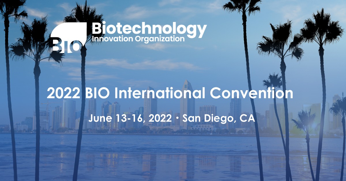 Dates and times of the 2022 BIO international Convention in San Diego in front of a photo of San Diego.