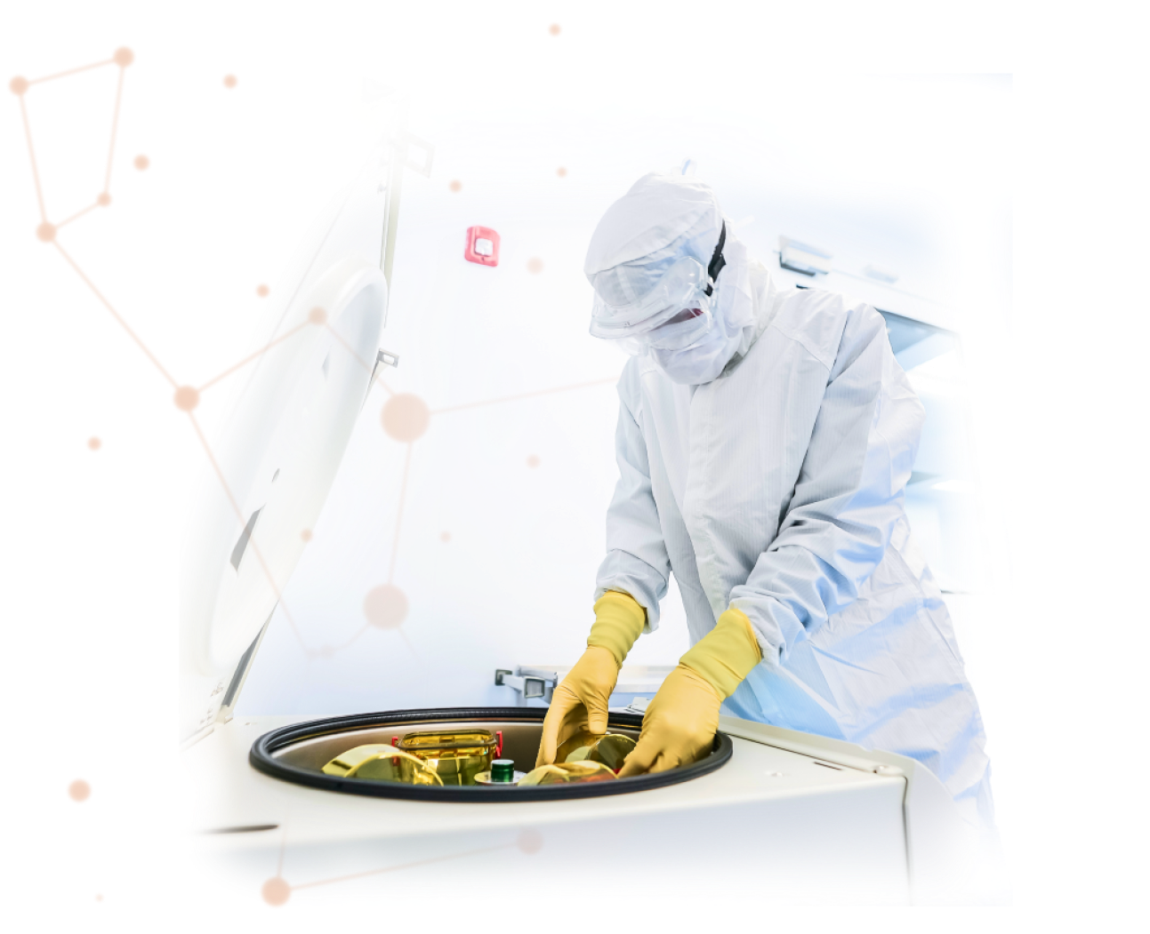 Lykan worker handling bioscience materials with gloves